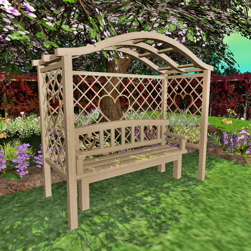 The carved hearts garden arbor bench under a blossom tree