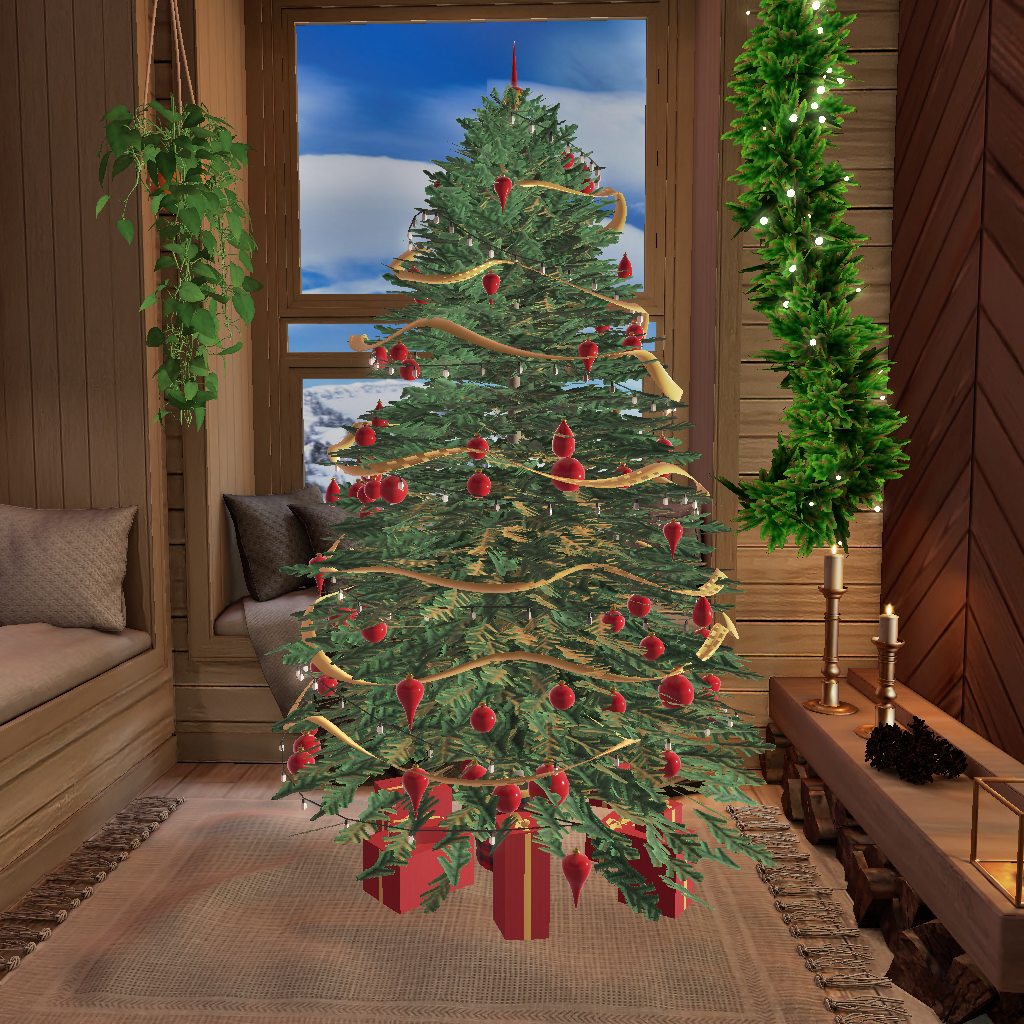 The Artisan Christmas Tree in its Crimson style, in a log cabin